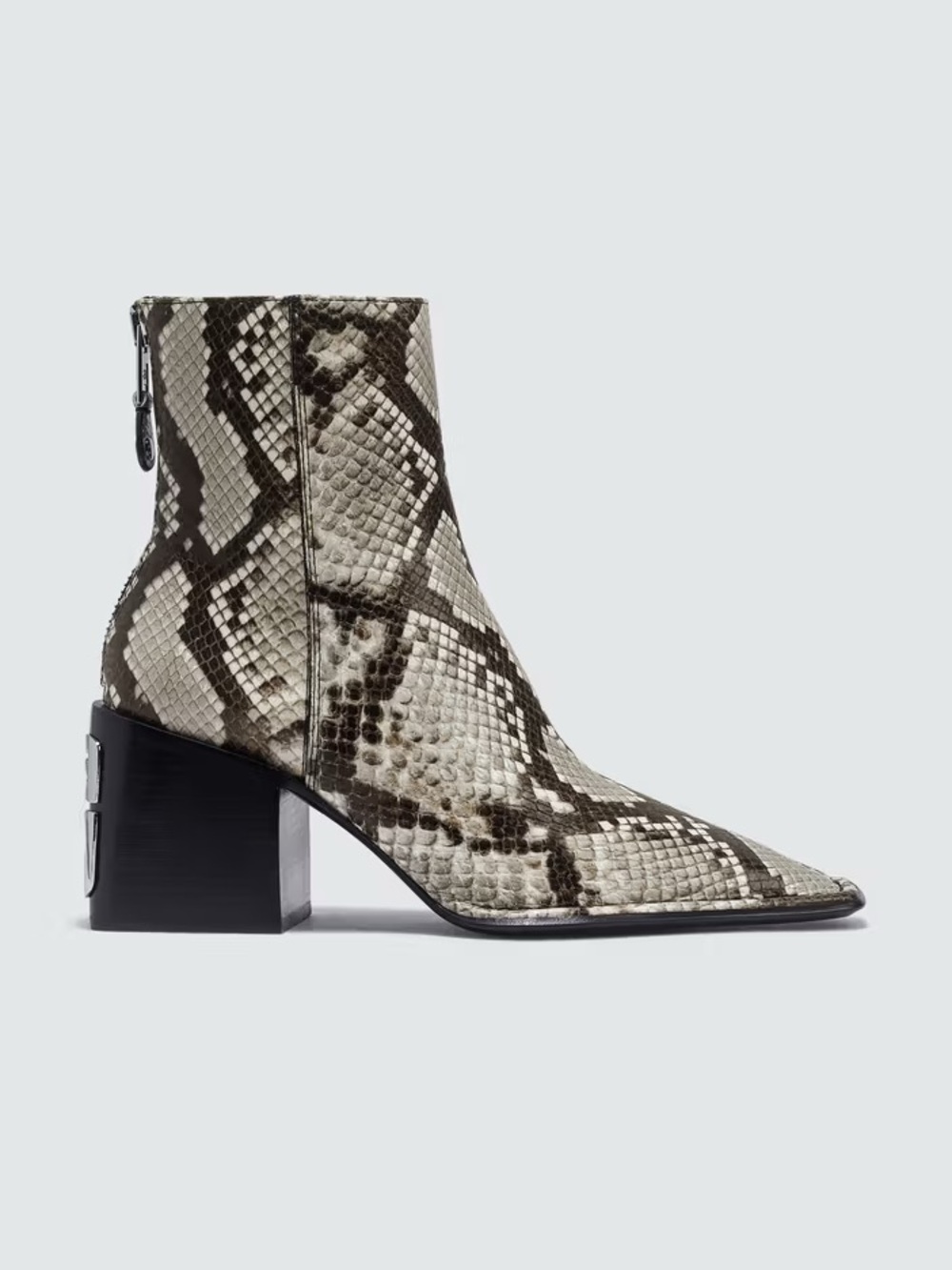Alexander Wang Black & White Snake-Print Ankle Booties with Silver Heel Logo 37